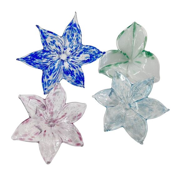 Set of 4 Vintage Murano Blown Glass Flowers Red Green Blue - Picture 1 of 16